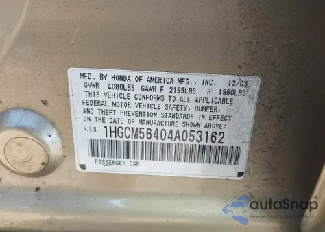 2004 Honda Accord 2.4 Lx из США, поврежденный, VIN 1HGCM56404A053162